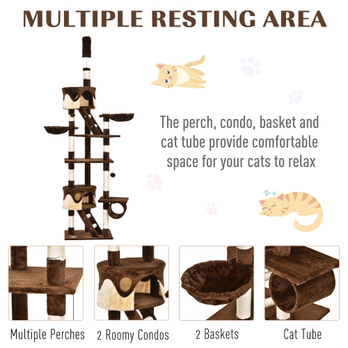 PawHut Cat Tower for Large Cats Adult, Floor to Ceiling Cat Tree Adjustable Height 94"-102" Multi-Level with Scratching Posts, Cozy Hammock, Pompoms,