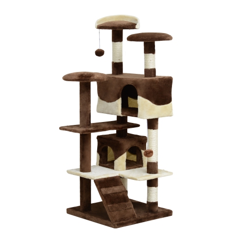 PAWHUT  53" Cat Tree Tower, Large Cat Condo Furniture Multi-Level Activity Center With Scratching Posts, Perches, Ramp, Dangling Balls - Coffee
