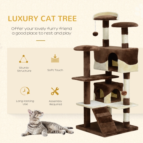 PawHut 53" Cat Tree Tower, Large Cat Condo Furniture Multi-Level Activity Center with Scratching Posts, Perches, Ramp, Dangling Balls - Coffee