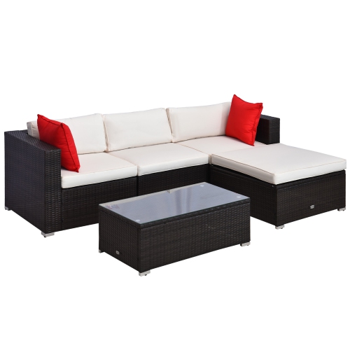 Outsunny 5-Piece Patio Rattan Sofa Set with Full Ottoman & Glass Table-top Coffee Table - Brown Frame/Creme Cushions
