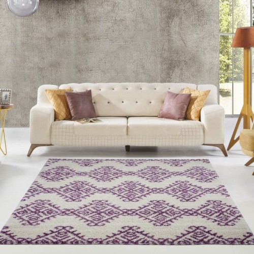 Oriental Shaggy Ivory Purple Area Rug 5'2" x 7' 5"