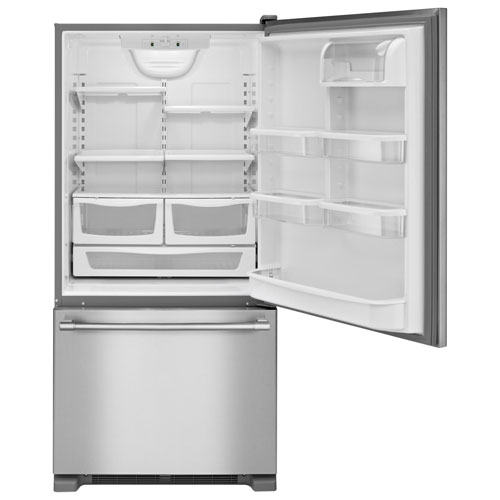 Réfrigérateur à congélateur inférieur de 22 pi³ 33 po à éclairage DEL de Maytag - Inox