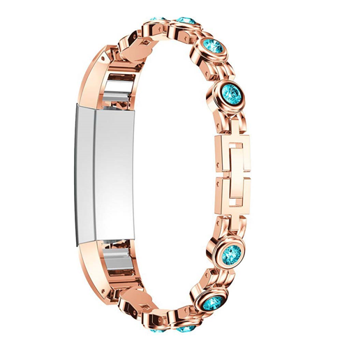 StrapsCo Stainless Steel Metal with Blue Rhinestones Bracelet Band Strap for Fitbit Alta & HR in Rose Gold