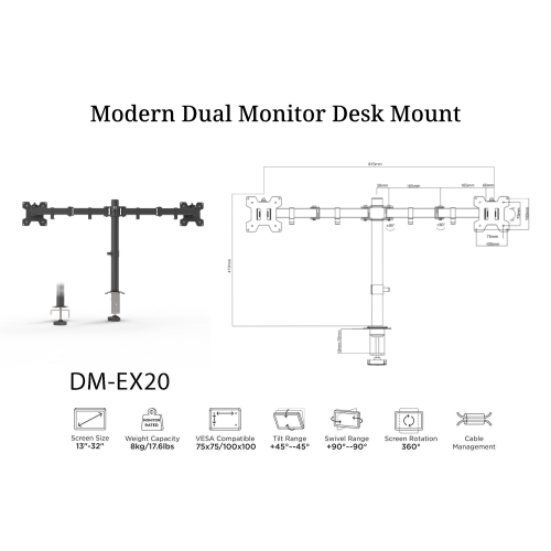 Boost Industries Universal DM-EX20ii Dual Arm Monitor Desktop Mount for Screens 13"- 32"