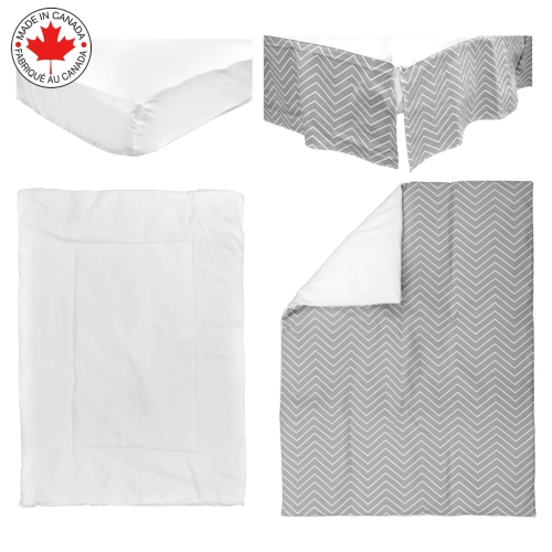 Bebelelo baby crib bedding 4 piece set, perfect for baby girls and boys, gray and white zigzag design