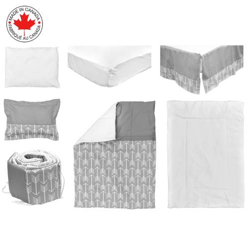 Bebelelo baby crib bedding 7 piece set, perfect for baby girls and boys, includes gray and white feather design