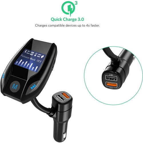 KUNOVA (TM) Bluetooth FM Transmitter, Gooseneck Wireless Car Kit Hands-Free Calling USB QC3.0 Charger with 3.5mm