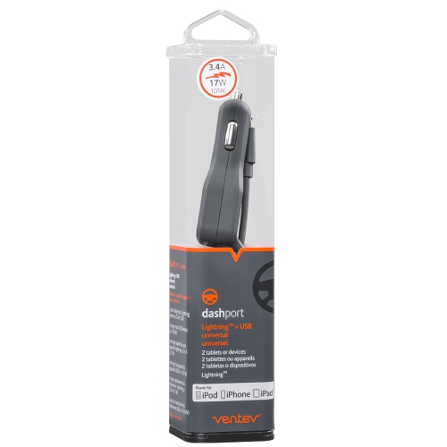 Ventev Car Charger USB-C 3A Capture Cord + USB-A 1A Port