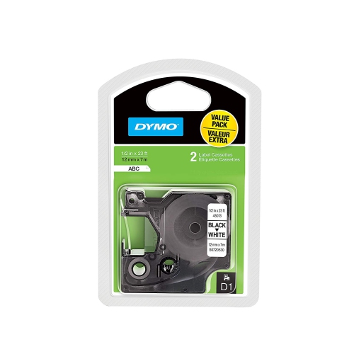 DYMO Standard D1 Self-Adhesive Polyester Tape for Label Makers 1 2-inch Black Print on White 23-foot Cartridge 2-Pack (192