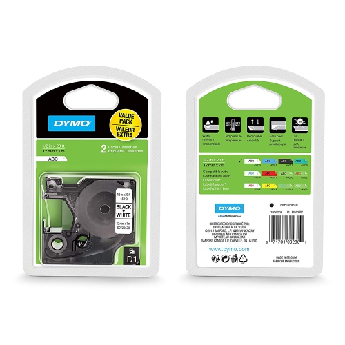 DYMO Standard D1 Self-Adhesive Polyester Tape for Label Makers 1 2-inch Black Print on White 23-foot Cartridge 2-Pack (192