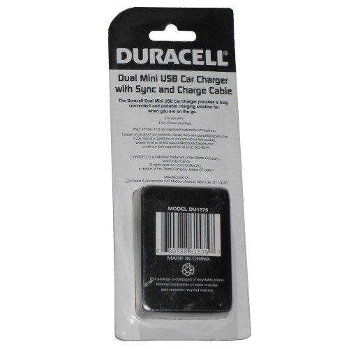 Duracell Dual USB Car DC Charger 2.1Amp With 30-Pin Cable - DU1575