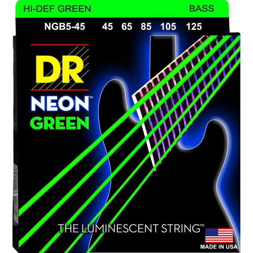 DR NGB5-45 HiDef NEON Green Coated Bass Guitar Strings - Medium 45-125