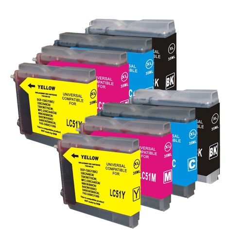 Paquet de 8 cartouches génériques imprimantes à jet d’encre CMJN LC51XL compatible avec Brother de Gotoners™ pour DCP-155/330/540/750,