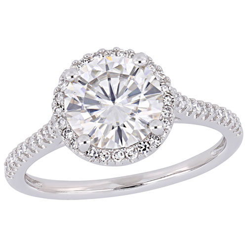 Halo Engagement Ring in 14k White Gold with 0.25ctw Diamonds & White Moissanite - Size 8