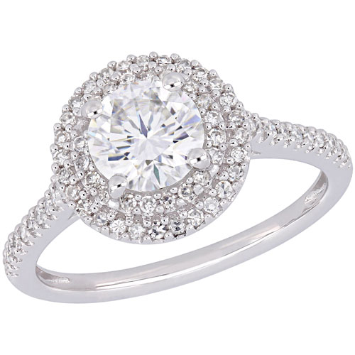 Halo Engagement Ring in 14k White Gold with 0.34ctw Diamonds & White Moissanite - Size 8