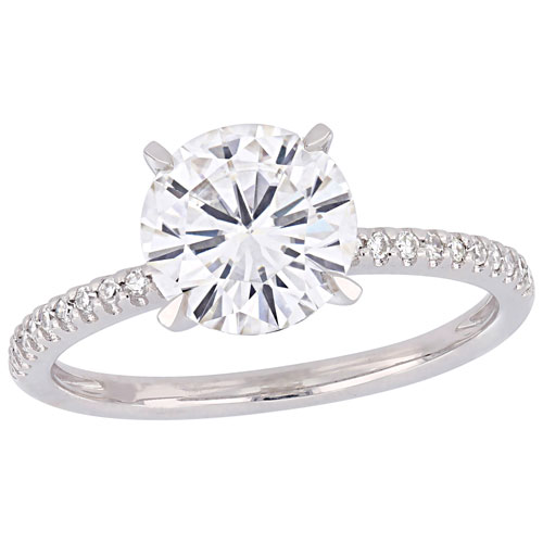 Solitaire Engagement Ring in 14k White Gold with 0.11ctw Diamonds & White Moissanite - Size 6