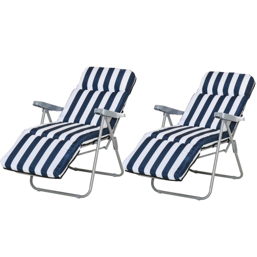 Outsunny Set of 2 Garden Sun Lounger Reclining Seat Cushioned Seat Foldable Adjustable Outdoor Blue