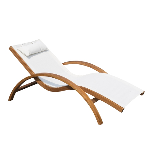 OUTSUNNY  Wooden Outdoor Lounge Chair, Patio Chaise Lounge Chair \w Headrest, Garden Sun Lounger Recliner Tanning Chair \w Wood Frame, Texteline
