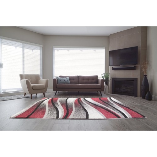 LA Dole Waves Pattern Abstract Carpet 3'11" x 5'7" Rectangle Area Rug - Ivory/Red/Grey