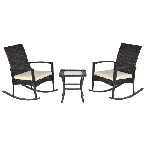 Outsunny 3 Pieces Patio Wicker Rocking Chair Set, Outdoor PE Rattan Bistro Set Conversation Rocker Set with 2 Chairs 1 Coffee Table for Backyard,