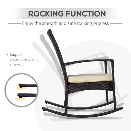 Outsunny 3 Pieces Patio Wicker Rocking Chair Set, Outdoor PE Rattan Bistro Set Conversation Rocker Set with 2 Chairs 1 Coffee Table for Backyard,