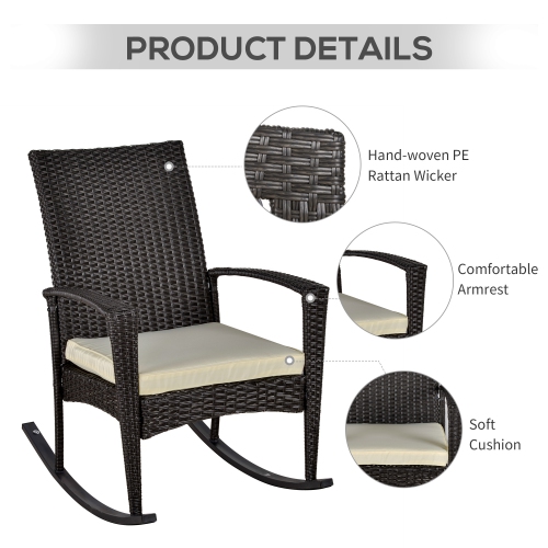 Outsunny 3 Pieces Patio Wicker Rocking Chair Set, Outdoor PE Rattan Bistro Set Conversation Rocker Set with 2 Chairs 1 Coffee Table for Backyard,