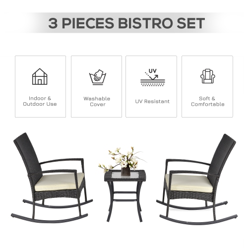 Outsunny 3 Pieces Patio Wicker Rocking Chair Set, Outdoor PE Rattan Bistro Set Conversation Rocker Set with 2 Chairs 1 Coffee Table for Backyard,