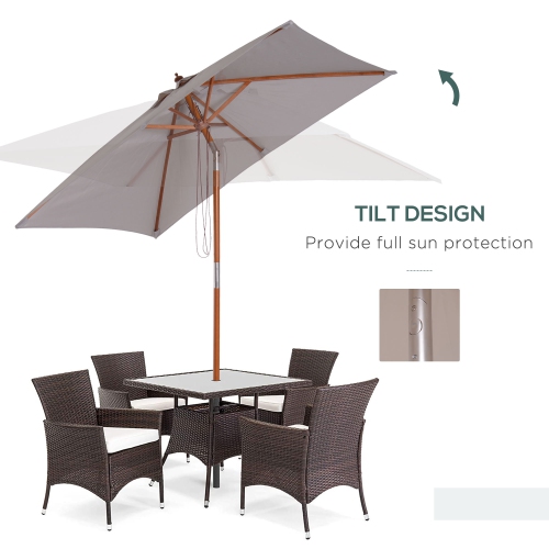 Parasol de patio en bois Outsunny 6,6 x 5 pi Parasol de marché inclinable à mécanisme à 6 nervures et pare-soleil de jardin, gris