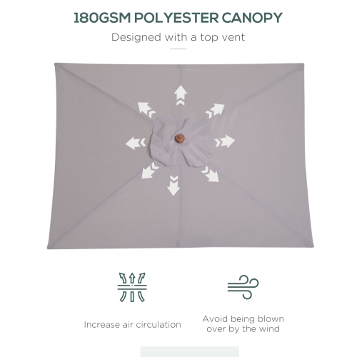 Parasol de patio en bois Outsunny 6,6 x 5 pi Parasol de marché inclinable à mécanisme à 6 nervures et pare-soleil de jardin, gris