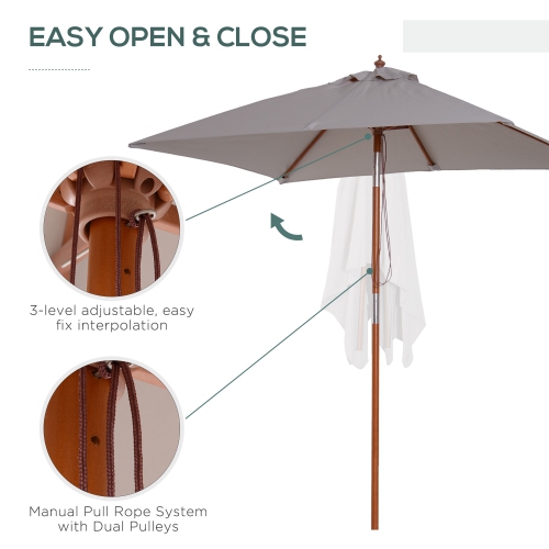 Parasol de patio en bois Outsunny 6,6 x 5 pi Parasol de marché inclinable à mécanisme à 6 nervures et pare-soleil de jardin, gris