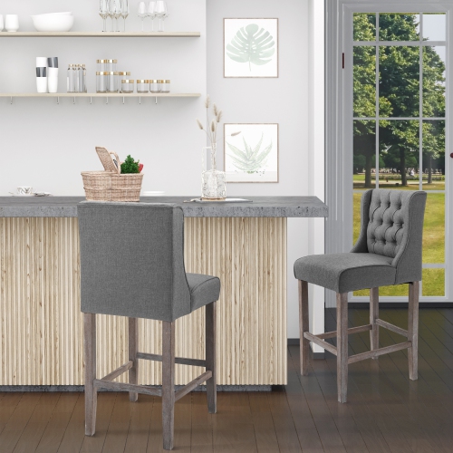 HOMCOM 26" Bar Stool Set of 2, Button Tufted Barstools Counter Height Bar Chairs with Backrest, Grey