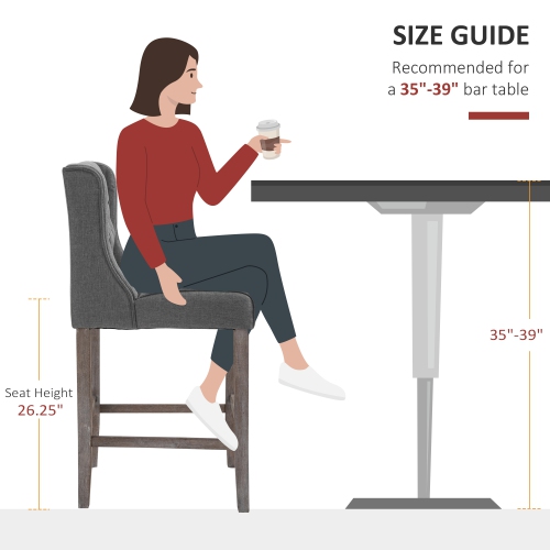 HOMCOM 26" Bar Stool Set of 2, Button Tufted Barstools Counter Height Bar Chairs with Backrest, Grey