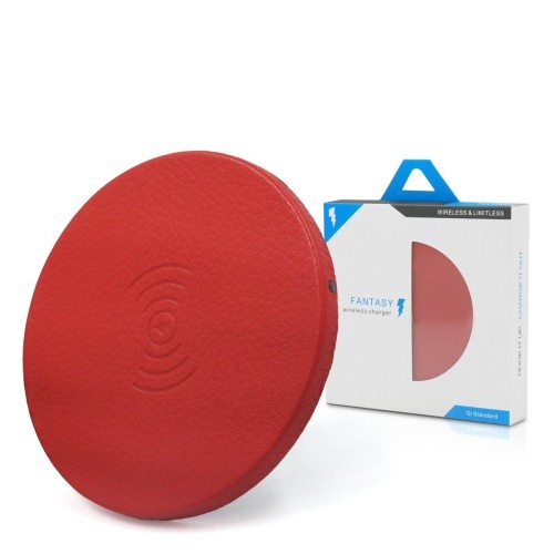 Chargeur sans fil certifié Qi, tapis de recharge mince sans fil en cuir véritable - Rouge