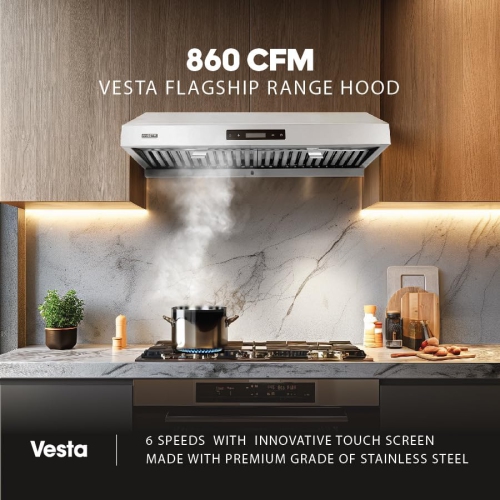 Vesta Atlanta 860CFM 30'' Stainless Steel Under Cabinet Range Hood With Dual Motor, 6 Levels Of Speed, Touch Screen, GU10 LED Lights, Baffle Filters,