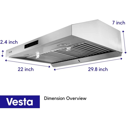 Vesta Atlanta 860CFM 30'' Stainless Steel Under Cabinet Range Hood With Dual Motor, 6 Levels Of Speed, Touch Screen, GU10 LED Lights, Baffle Filters,