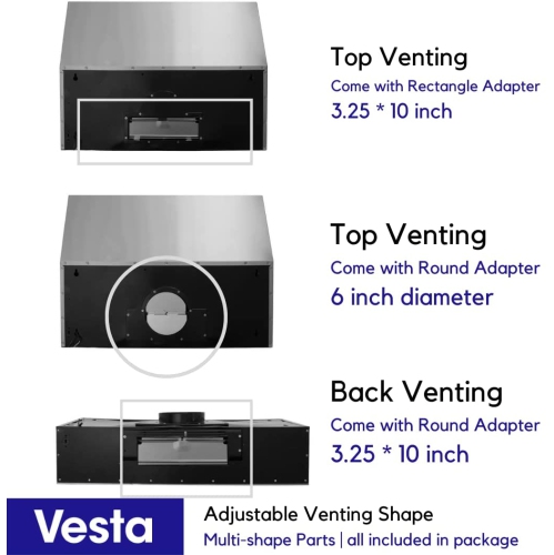 Vesta Atlanta 860CFM 30'' Stainless Steel Under Cabinet Range Hood With Dual Motor, 6 Levels Of Speed, Touch Screen, GU10 LED Lights, Baffle Filters,