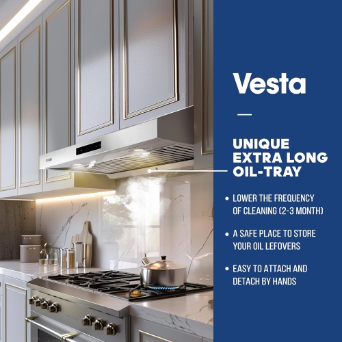 Vesta Atlanta 860CFM 30'' Stainless Steel Under Cabinet Range Hood With Dual Motor, 6 Levels Of Speed, Touch Screen, GU10 LED Lights, Baffle Filters,