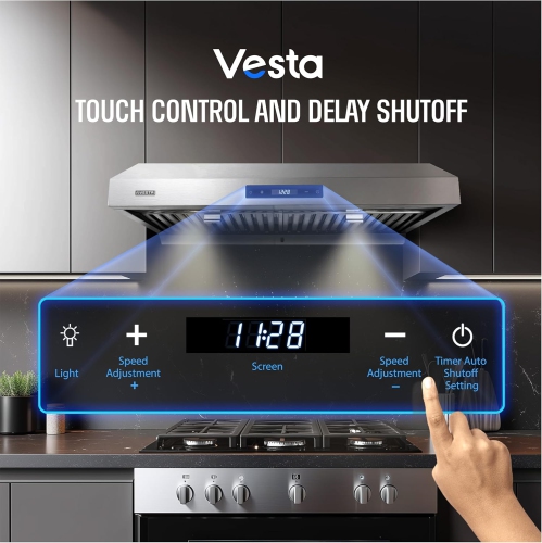 Vesta Atlanta 860CFM 30'' Stainless Steel Under Cabinet Range Hood With Dual Motor, 6 Levels Of Speed, Touch Screen, GU10 LED Lights, Baffle Filters,