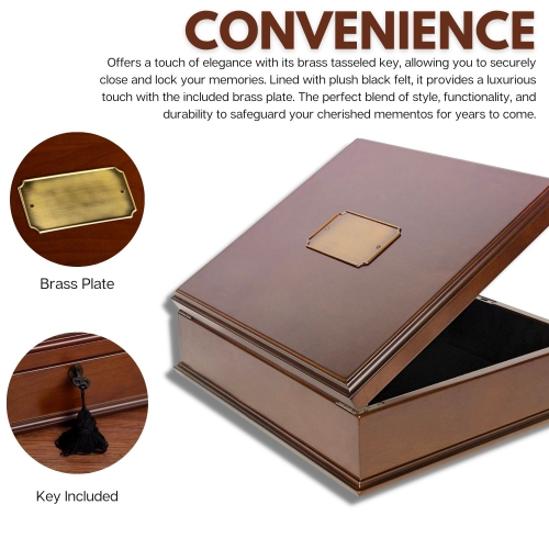Arolly Romeo Memory Keepsake Box Organizer with Mahogany Wood Finish - Large Personal Storage Box with Locking Lid | Wooden Memory Box Gift for