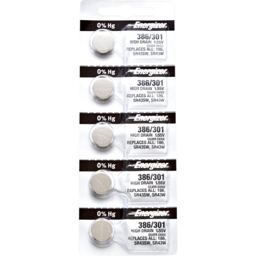 5 x Energizer 386 Watch Batteries, 1.55V, equivalent SR43SW, 301