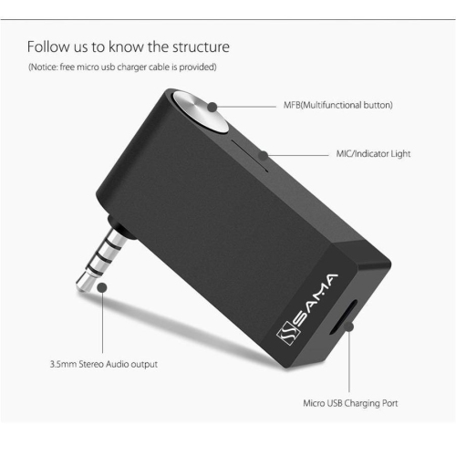Adaptateur de récepteur audio sans fil Bluetooth 4.1 sa-50202 avec micro et batterie de SAMA