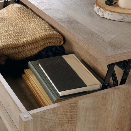 Sauder – Table à café à dessus relevable pour le salon avec rangement dissimulé. Fini chêne linteau