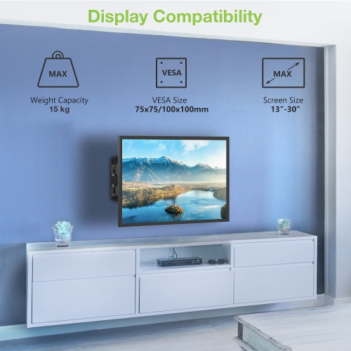 Techly 13" to 30" Tilt/Swivel Flat or Curved LCD/LED TV Wall Mount - 2-Joints - Tilt +/-15° - 180° Horizontally - 360° Rotating - VESA up to 100x100