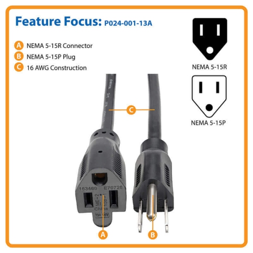 TRIPP LITE  0.3 M (1 Ft.) Nema 5-15P Male to Nema 5-15R Female Cable - (P024-001-13A) In Black