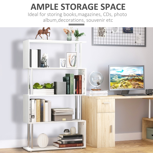 HOMCOM 5-Tiers Geometric Wooden Bookcase S-Shaped Storage Bookshelf Display with Metal Frame for Living Room, Bedroom, Home Office, White