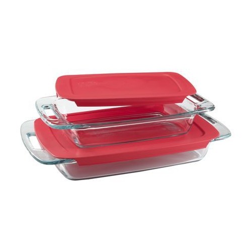 Pyrex Easy Grab 4-Piece Glass Baking Set Includes 3-Qt and 2-Qt Oblong Baking Dishes with Red Plastic Covers | 1090992 |