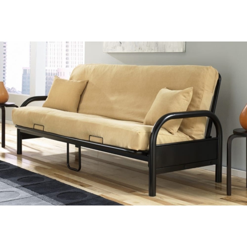 Cadre de futon classique en métal au fini noir avec support central et mécanisme de descente facile