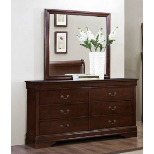 Louis Phillipe Semi Gloss Dark Cherry Finish Wood Traditional Bedroom Dresser and Mirror 6 Drawers