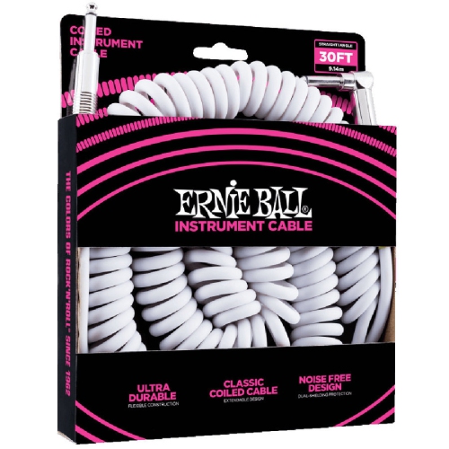 ERNIE BALL  30' Coiled Straight / Angle Instrument Cable - In White