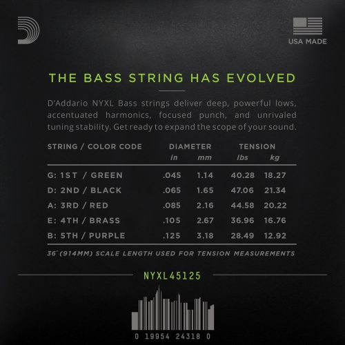 D'Addario NYXL45125 Nickel Wound Bass Guitar Strings, 5-String Lt Top/Medium Bottom, Long Scale